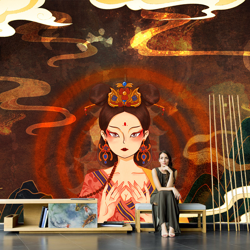 复古敦煌壁画飞天仙女墙纸国潮祥云古典壁纸中国风电视背景墙