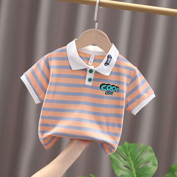 2024新款棉童装男童polo衫儿童短袖t恤宝宝中小童条纹翻领上衣潮0