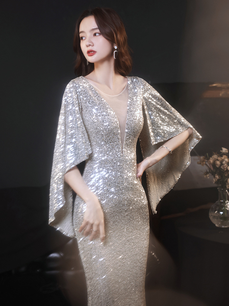 2022新款晚礼服裙女宴会气质敬酒婚礼主持人香槟色走秀鱼尾模特