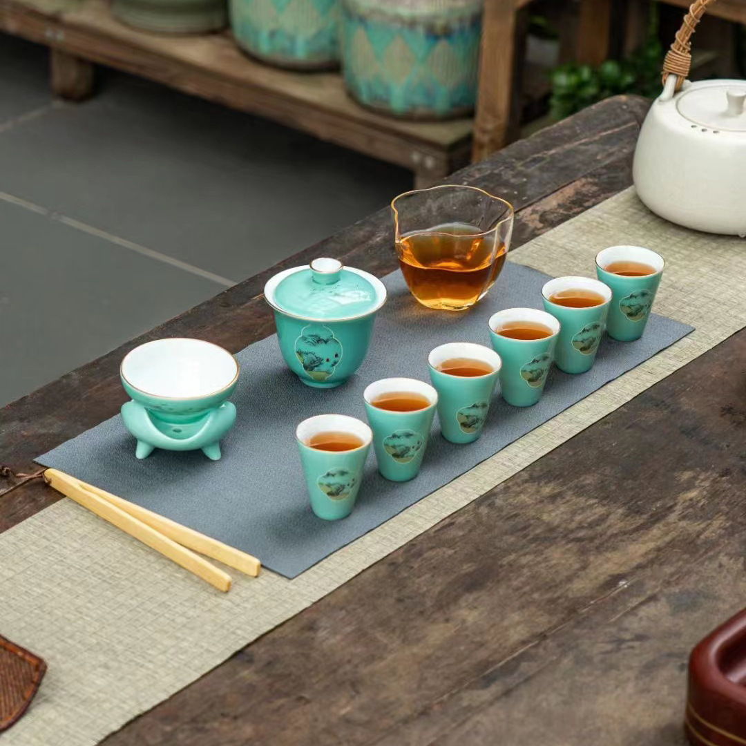 松石绿开窗功夫茶具套装玻璃公道杯布艺礼盒高档开业礼品批发