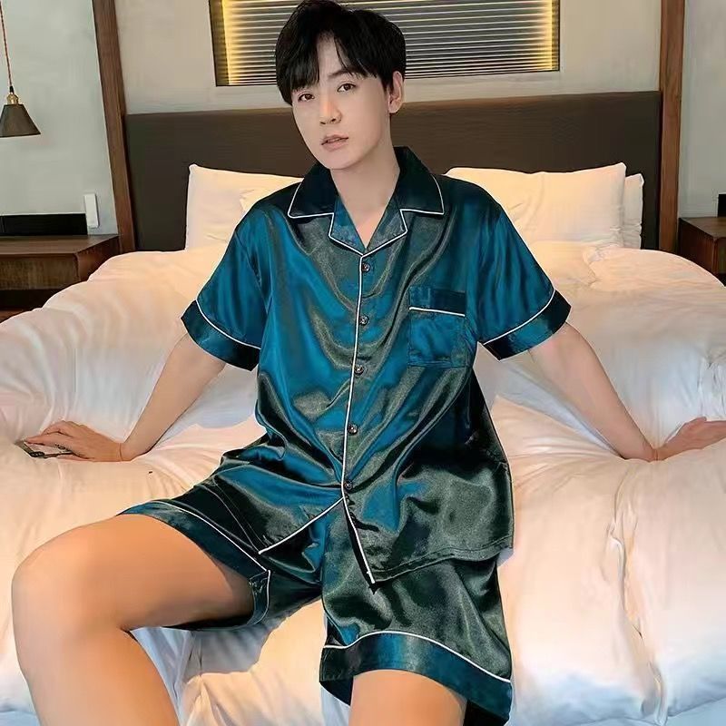 Advanced Champagne Ice Silk Pajamas Men's Summer Thin Cardigan Short Sleeve Shorts Youth Homewear Suit Artificial Silk