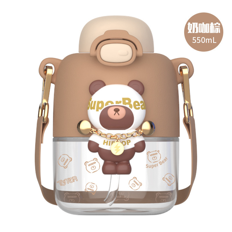 Aikesi Factory Wholesale Trendy Bear Straw Plastic Water Bottle 550ml Student Kid's Mug with Drinking Cup Bottles