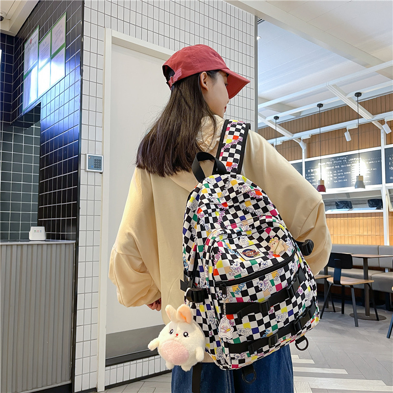 New Schoolbag Women's Korean-Style Chessboard Plaid Workwear Backpack Ins Japanese Junior High School High School and College Student Backpack Wholesale