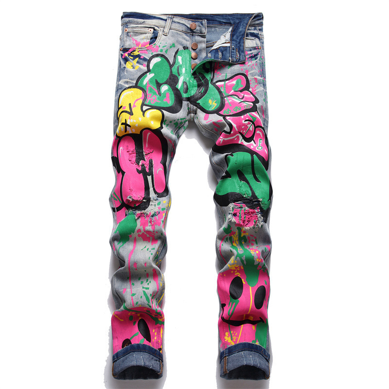   Foreign Trade Style Punk Trendy Retro Blue Ripped Slim Elastic Printing Printing and Dyeing Feet Men's Jeans 3298