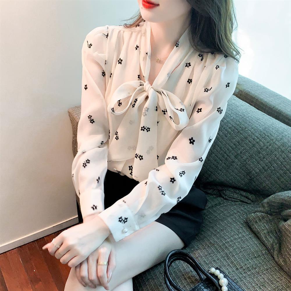 春季碎花雪纺衬衫女装春装2022年新款蝴蝶结上衣时尚洋气打底小衫