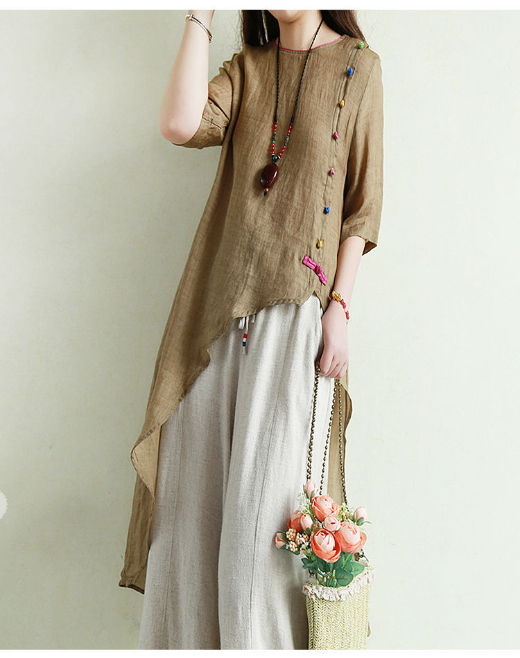 复古文艺棉麻t恤夏装前短后长宽松中长款麻料体恤衬衫盘扣上衣女