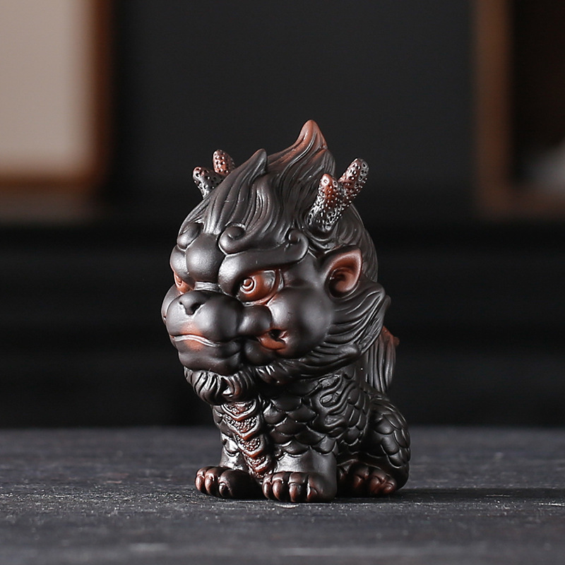 紫陶麒麟茶宠摆件精品可养高档招财瑞兽茶桌茶台茶玩装饰茶道配件