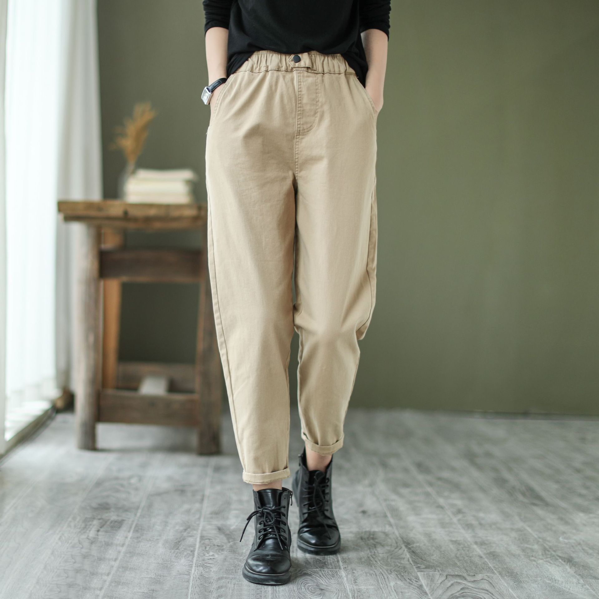 韩版水洗棉松紧腰休闲裤休闲宽松百搭直筒裤九分裤女20527