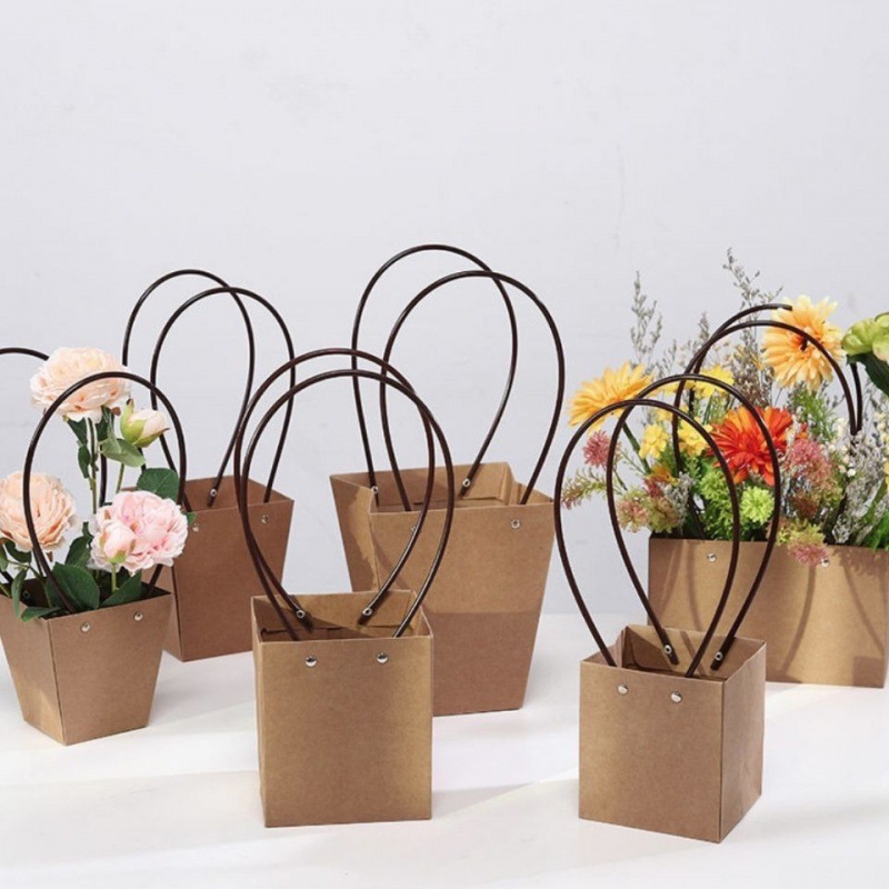 花篮手提牛皮纸鲜花盒教师节礼物礼盒插花纸盒长方形花束包装纸袋