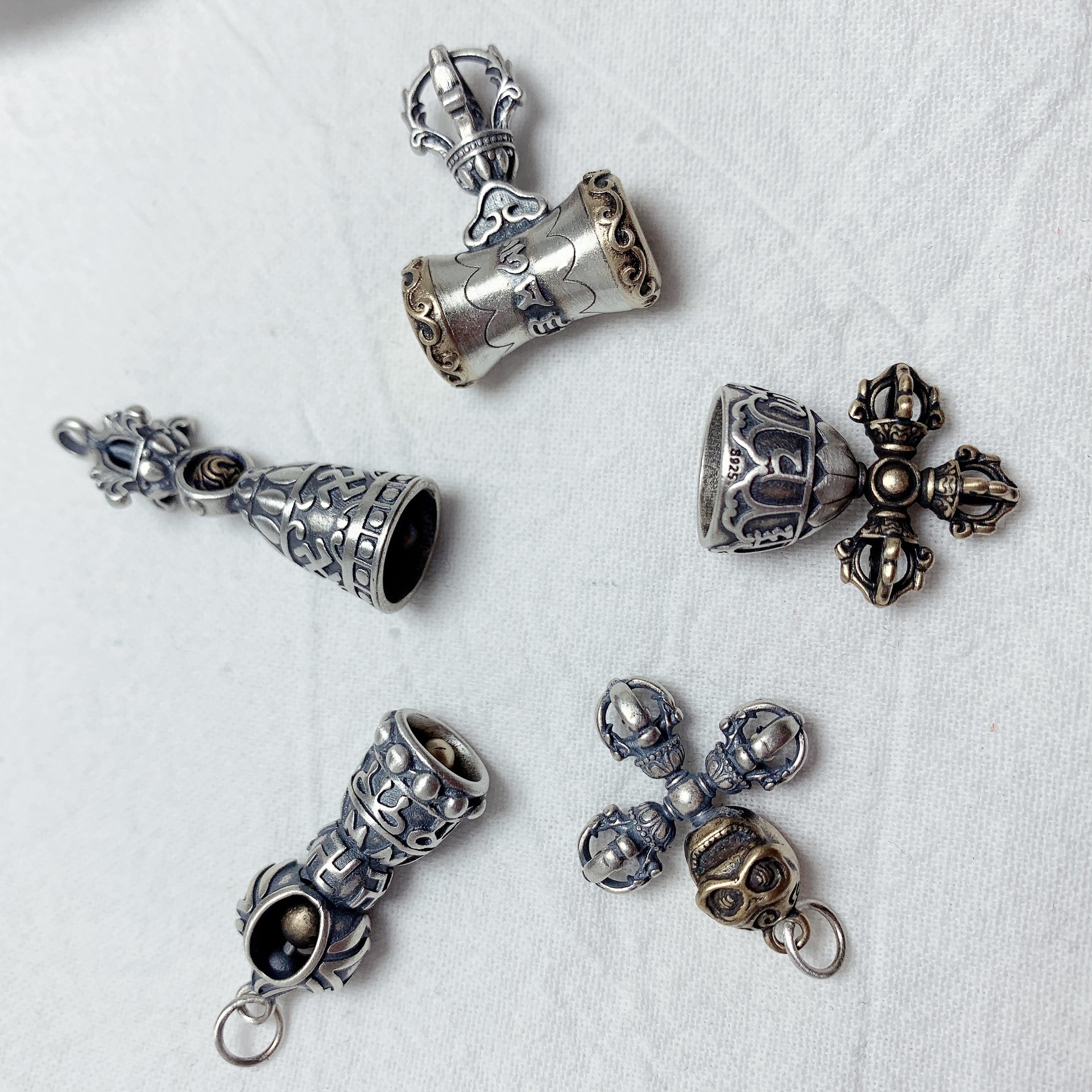 三口千银 s925金刚铃 金刚杵配饰diy配饰配件批发复古108佛珠配件