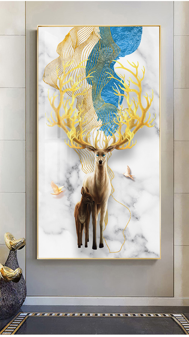 金鹿北欧风晶瓷玄关画 走廊过道墙挂画 轻奢入户玄关镶钻装饰画