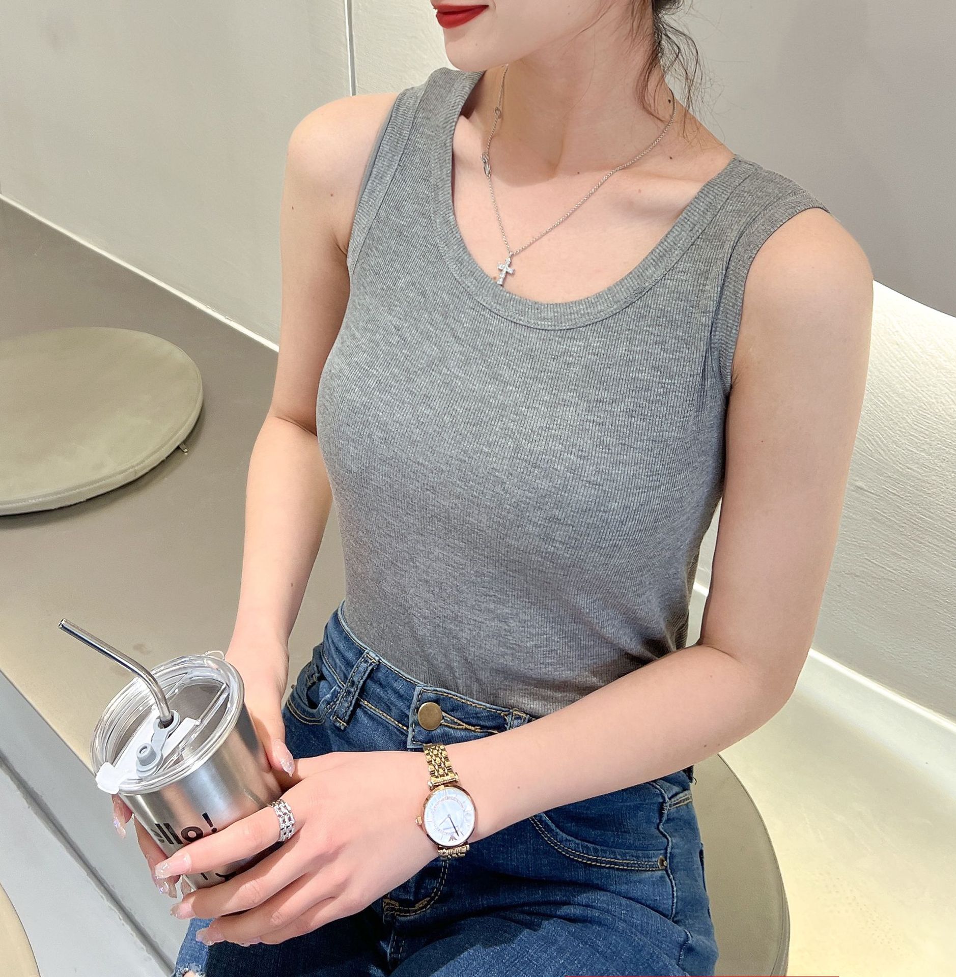 夏季新款螺纹棉圆领背心外穿内搭无袖女上衣运动休闲吊带背心