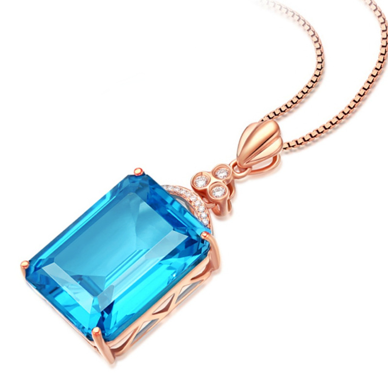 新款奢华长方形大裸石瑞士蓝托帕石吊坠锁骨链 巴西彩宝吊坠