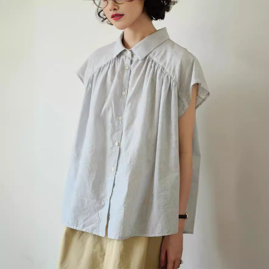 棉条纹衬衫短袖上衣休闲松驰感日系海盐风格穿搭女上衣显瘦夏季