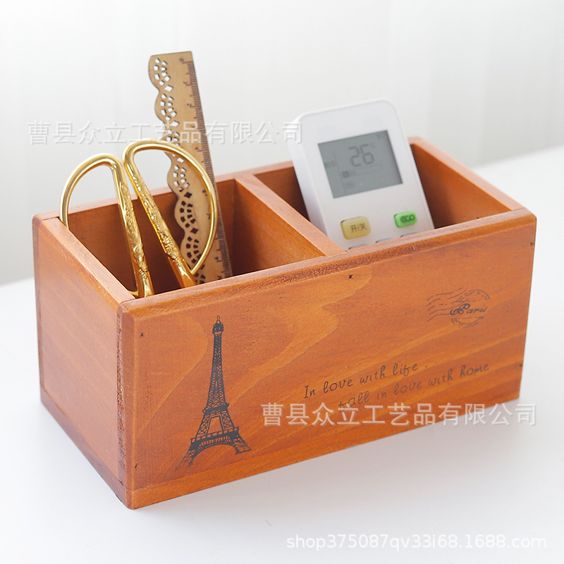 Retro Desktop Storage Box Mobile Phone Remote Control Office Clutter Organizing Box Wooden Box Pen Holder Penholder Manufacturer Production