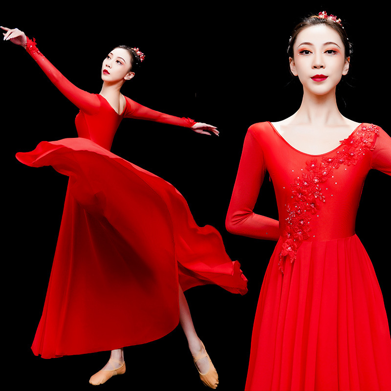 古典舞演出服女飘逸大摆裙红色舞蹈服装开场舞红歌祝福祖国连衣裙