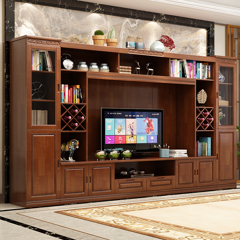 中式实木电视柜组合墙柜收纳储物酒柜客厅多功能3.3米背景柜高柜