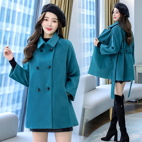 2021年冬季双排扣中长款立领九分袖纯色呢子斗篷大衣-阿里巴巴