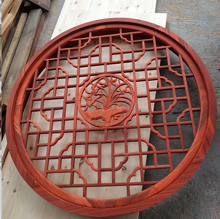 中式窗户花窗仿古镂空木窗中式木格窗圆形木窗实木制作东阳雕刻窗
