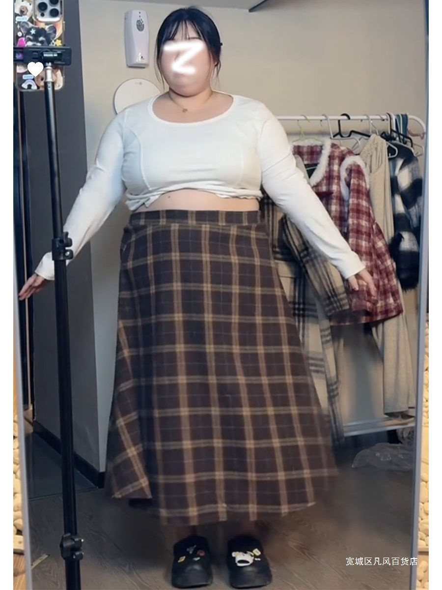 美拉德穿搭一整套女秋冬胖妹妹大码慵懒风毛衣开衫格纹毛呢套装裙