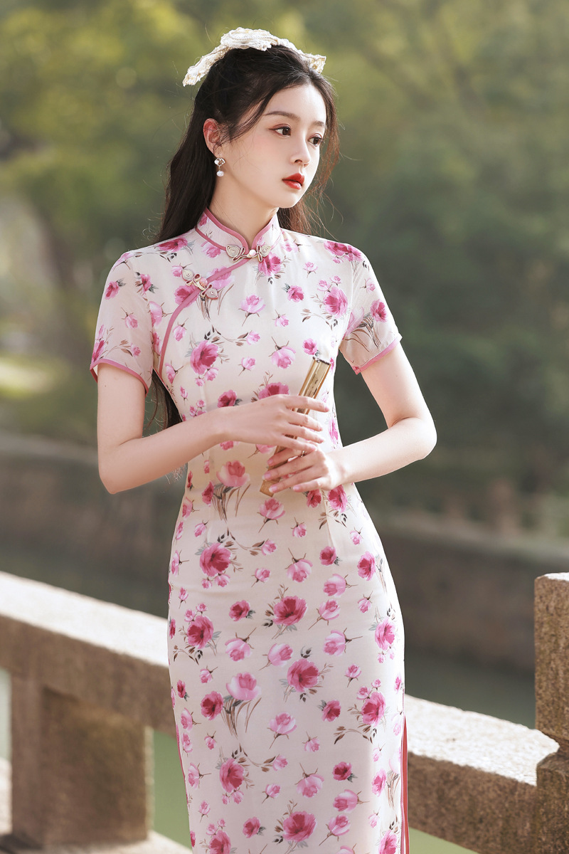 西荷旗袍女春夏2022年新款甜美气质修身显瘦旗袍连衣裙中长款女装