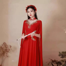 新款古筝演出礼服成人中国红色长款中国风显瘦舞台独唱演奏礼服
