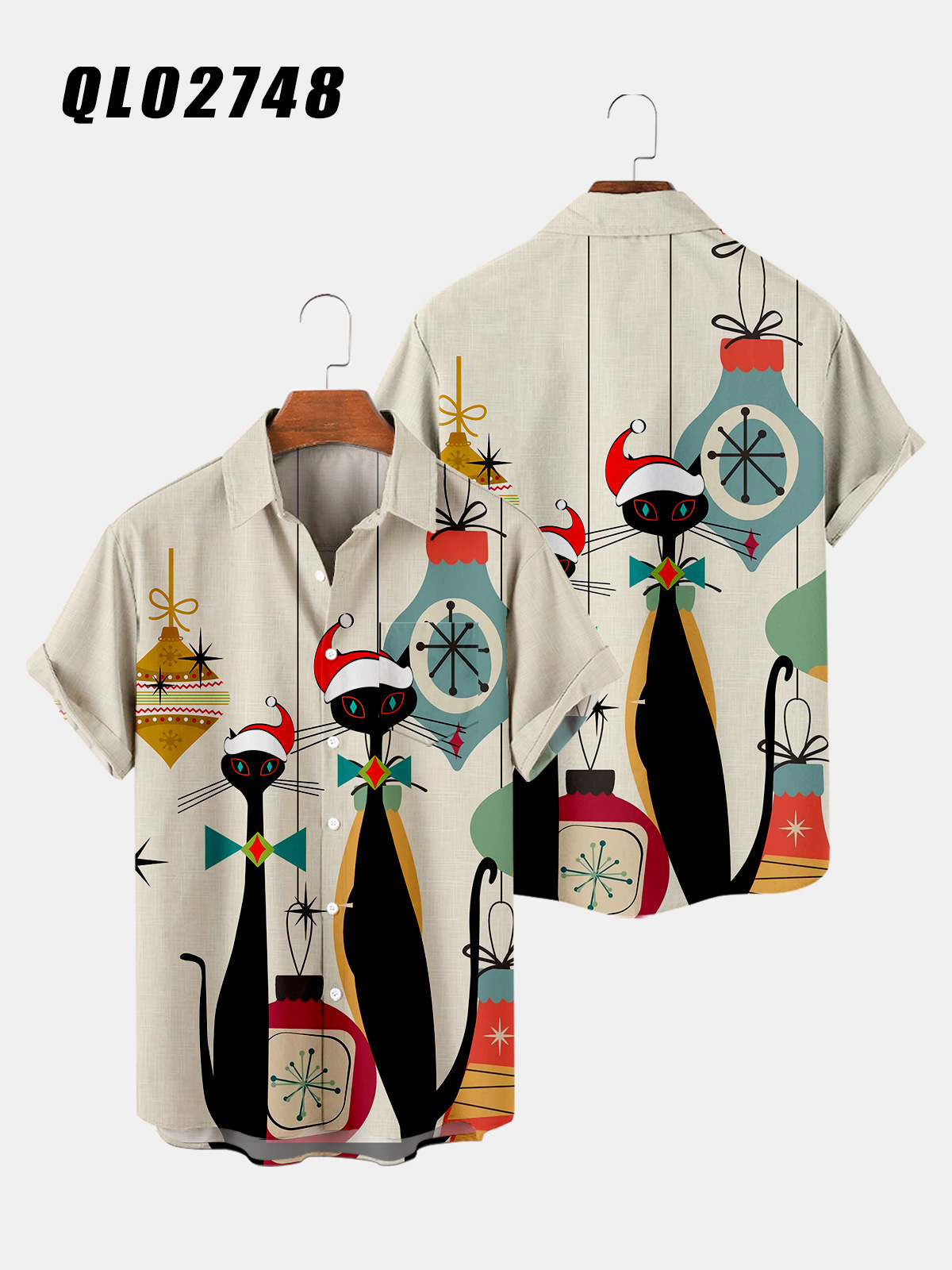 2021跨境男士衬衣 圣诞猫图案3d印花 夏季男士宽松潮流翻领衬衫