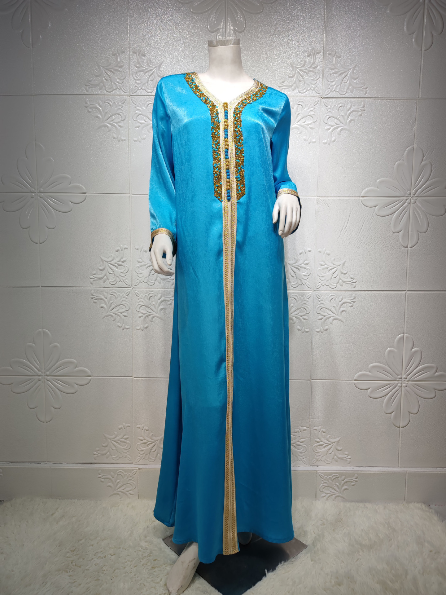 Ab073 Middle East Cross-Border Women's Clothing Dress Hot Drilling Ribbon Lace Abaya Dubai Muslim Fashion Robe