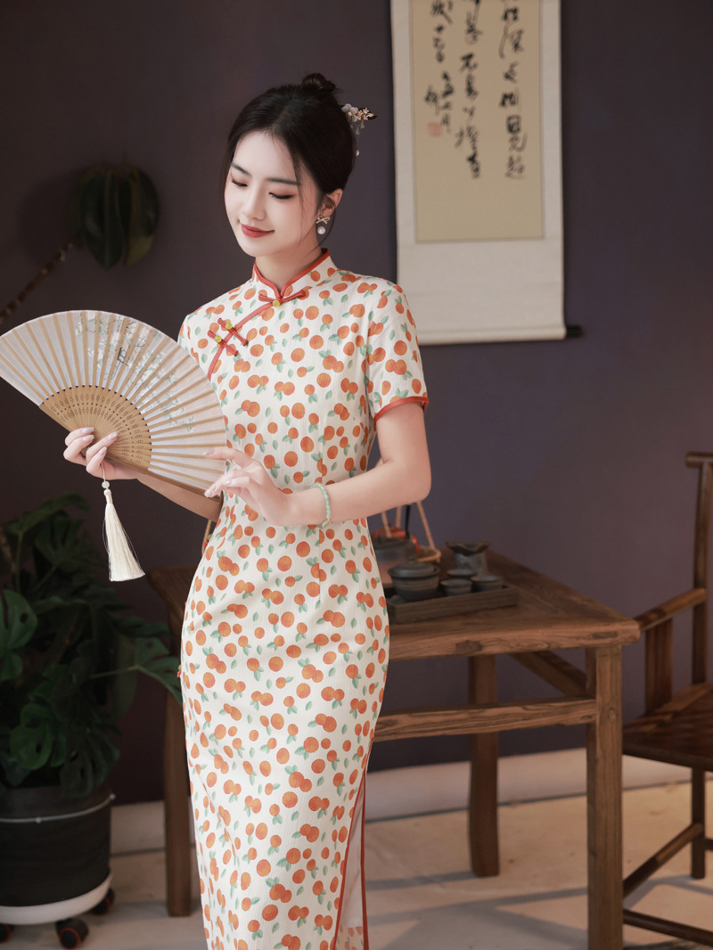 小橙子旗袍中长款2023新款纯棉改良修身日常年轻款少女连衣裙女夏