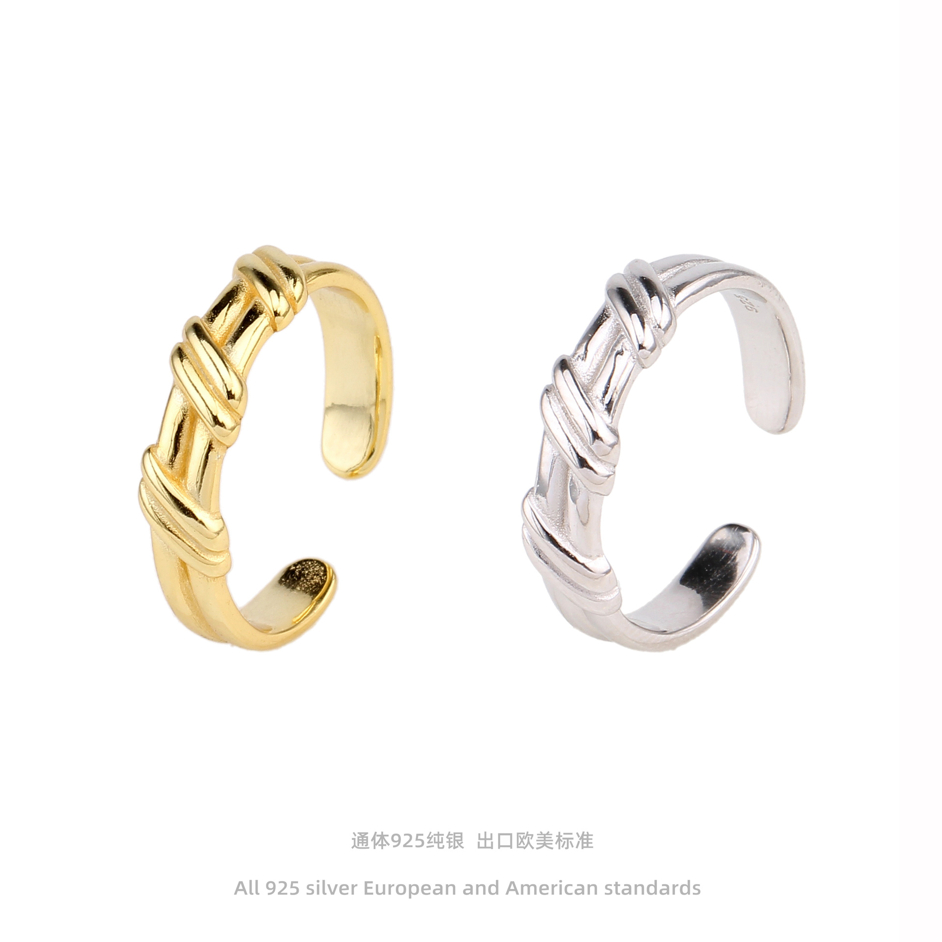 s925纯银跨境热销韩国独特设计麻花打结开口戒指时髦缠绕造型指环