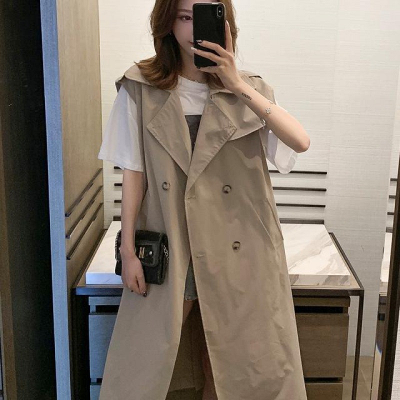 2021早秋新款韩版中长款无袖系带风衣女宽松大码上衣休闲马甲外套