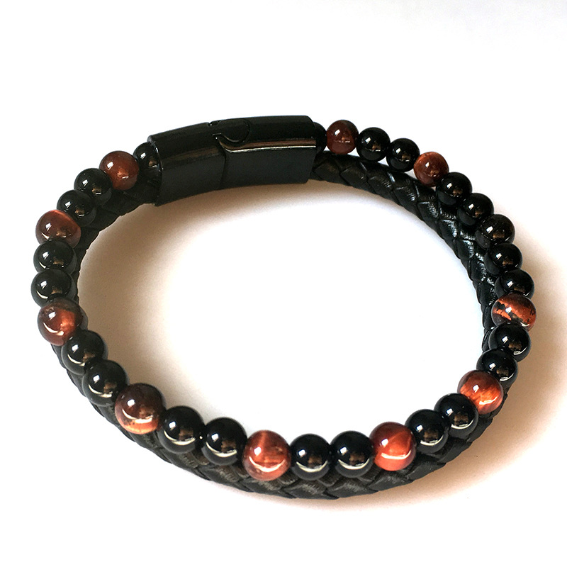 Exclusive for Cross-Border Volcanic Natural Stone Tiger Eye Beaded Bracelet Men's Cowhide String Agate Bracelets European and American Hand Jewelry