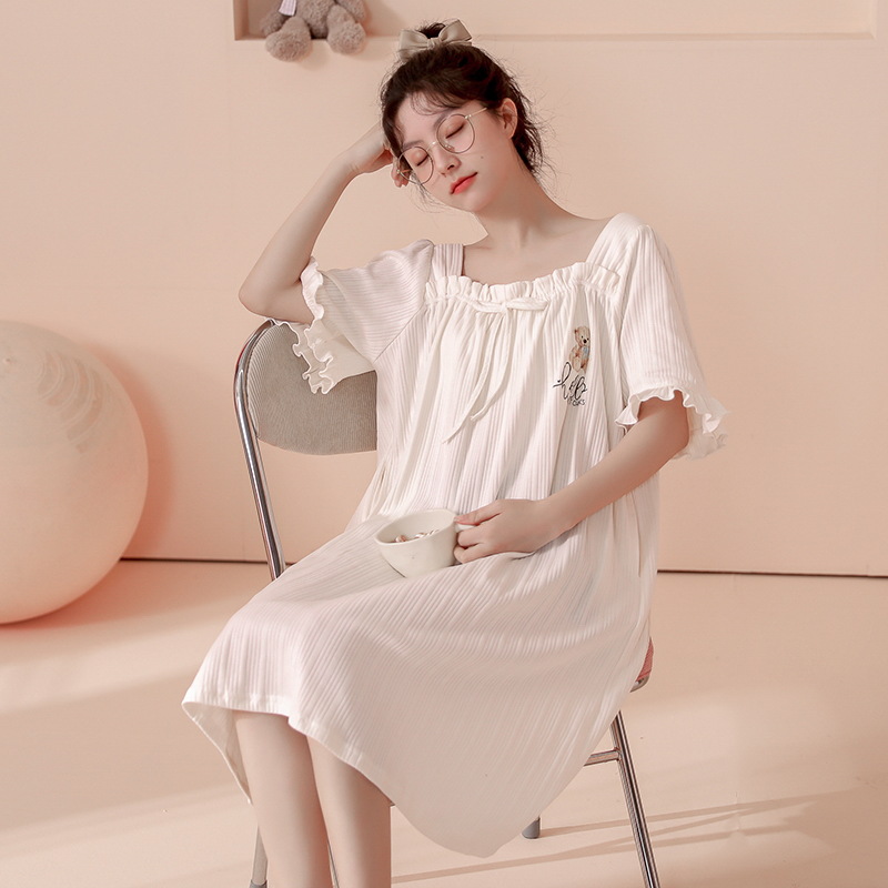 Summer Loose Women's Nightdress Cute Sweet Cotton Homewear Pajamas Can Be Outerwear Short-Sleeved Mid-Length Dress