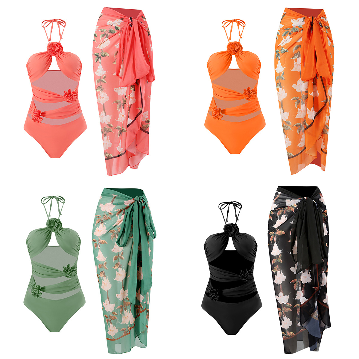 2024新款亚马逊外贸泳衣连体镂空玫瑰花朵性感网纱大裙两件套泳装