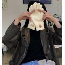 韩国冬季刺绣小熊针织可触屏学生五指彩色毛线手套保暖可爱手套女