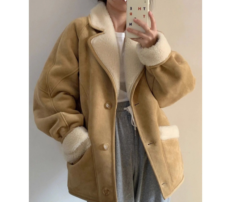 麂皮短外套女秋冬季羊羔毛2023新款小香风皮毛一体羊羔绒棉服冬季