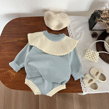 韩式婴幼儿套装春秋针织荷叶边撞色上衣女宝宝洋气毛球短裤两件套