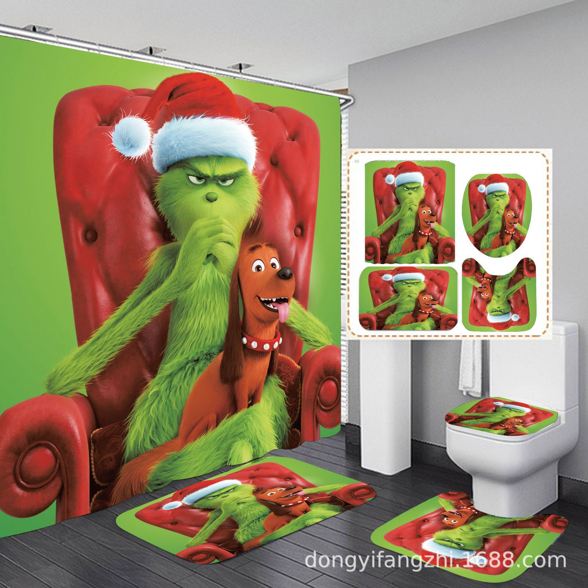 Cross-Border Amazon Christmas Digital Printing Shower Curtain Bathroom Four-Piece Set Punch Set-Free Shower Curtain Waterproof and Mildew-Proof