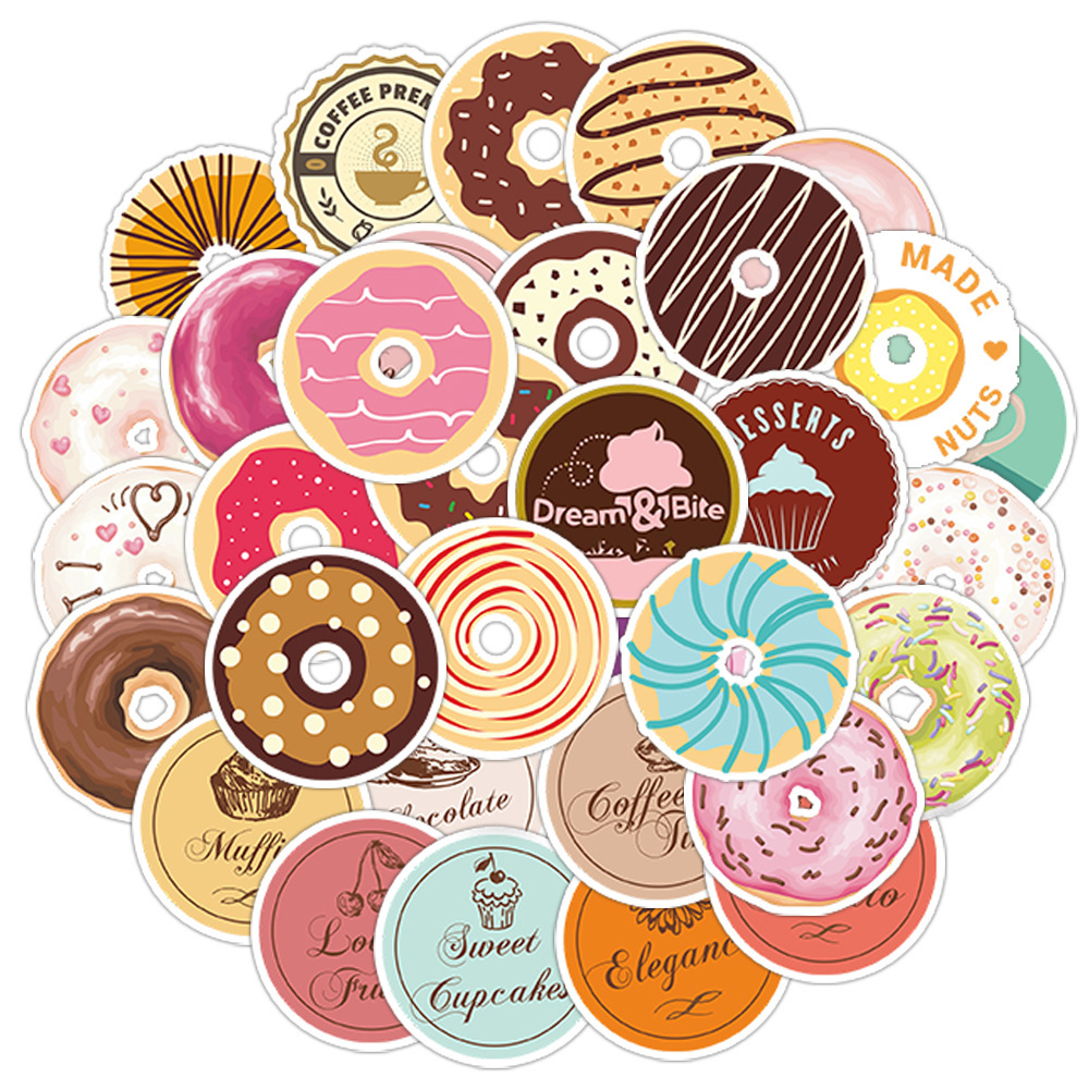 35张卡通甜甜圈食物贴纸防水行李箱笔记手账diy贴画sticker跨境