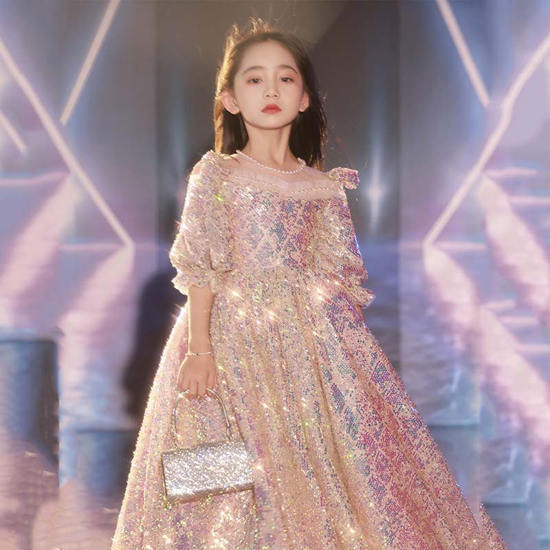 公主服头纱服装汉服辅料批发速卖通儿童礼服女儿童节长袖亮片蓬蓬裙