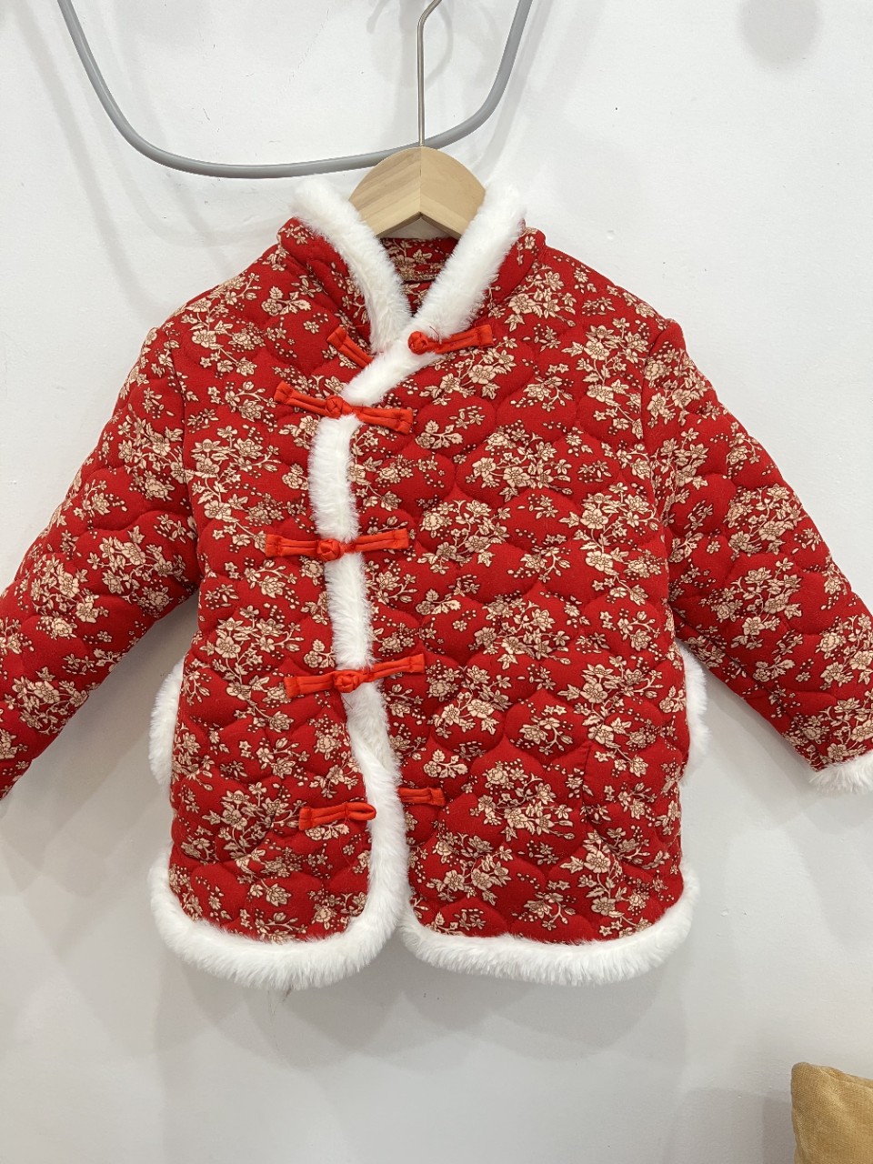 女童中国风偏襟盘扣小花棉袄夹棉外套拜年服短款棉衣新年装花边