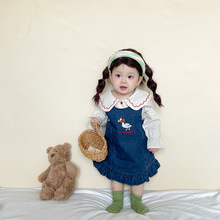 罗熙ins秋款女宝宝娃娃领衬衫+牛仔背带裙两件套儿童洋气甜美套装