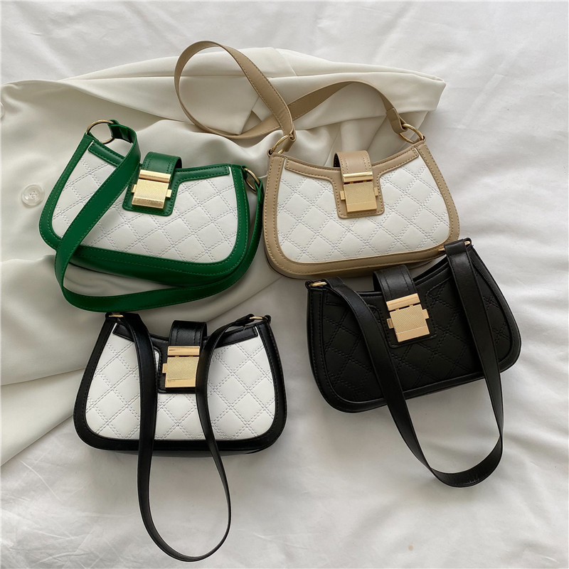 Women's Bag New 2022 Korean Style Single Shoulder Underarm Bag Fashion Simple Embroidery Threads in Contrast Colors Rhombus Baguette Bag