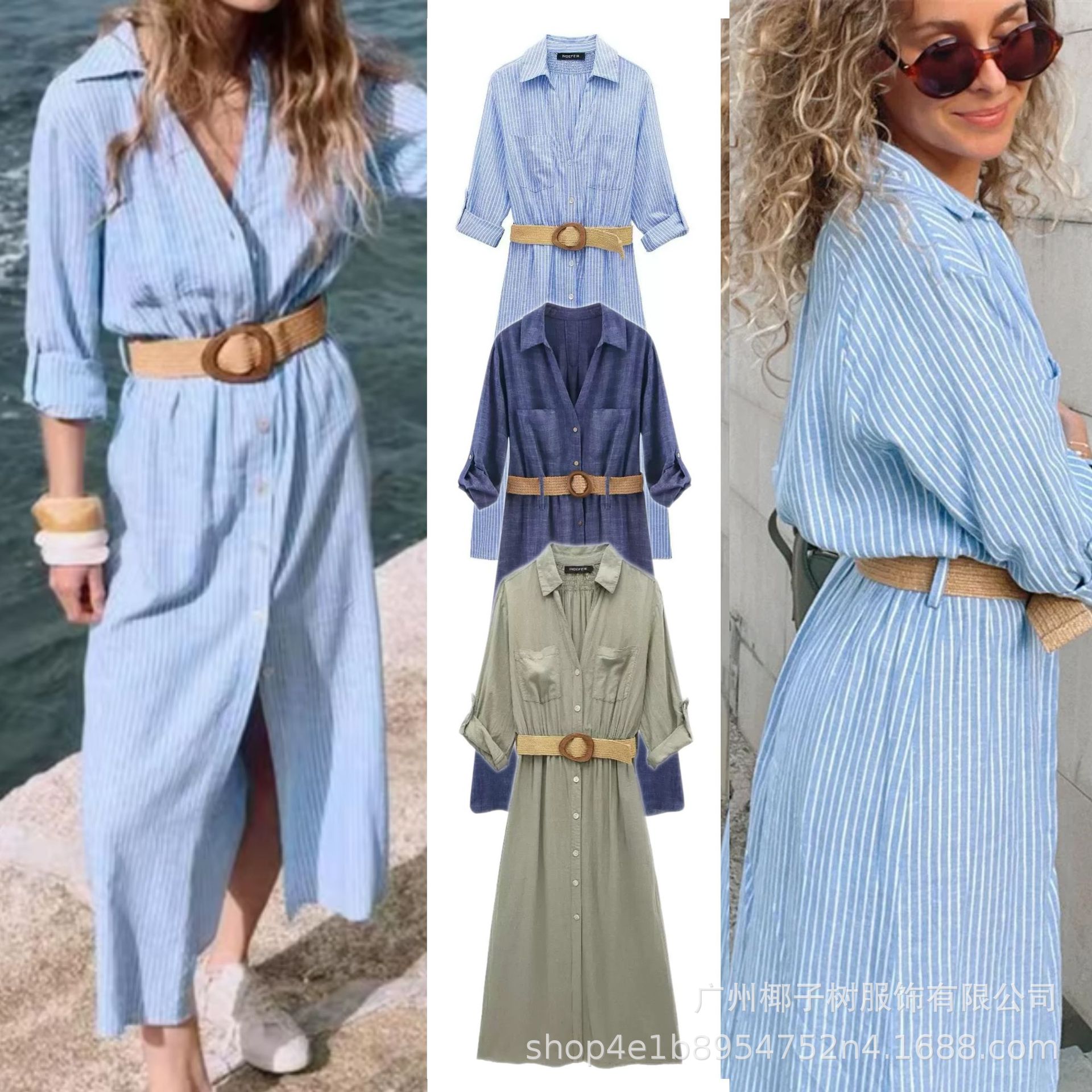 ZA速卖通爆款跨境外贸欧美风女装配腰带亚麻混纺衬衣式连衣裙