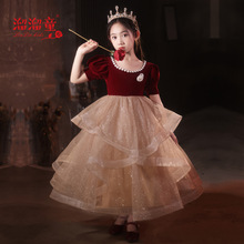 儿童礼服红色生日公主裙女童高端主持人钢琴演出服蓬蓬纱新款春季