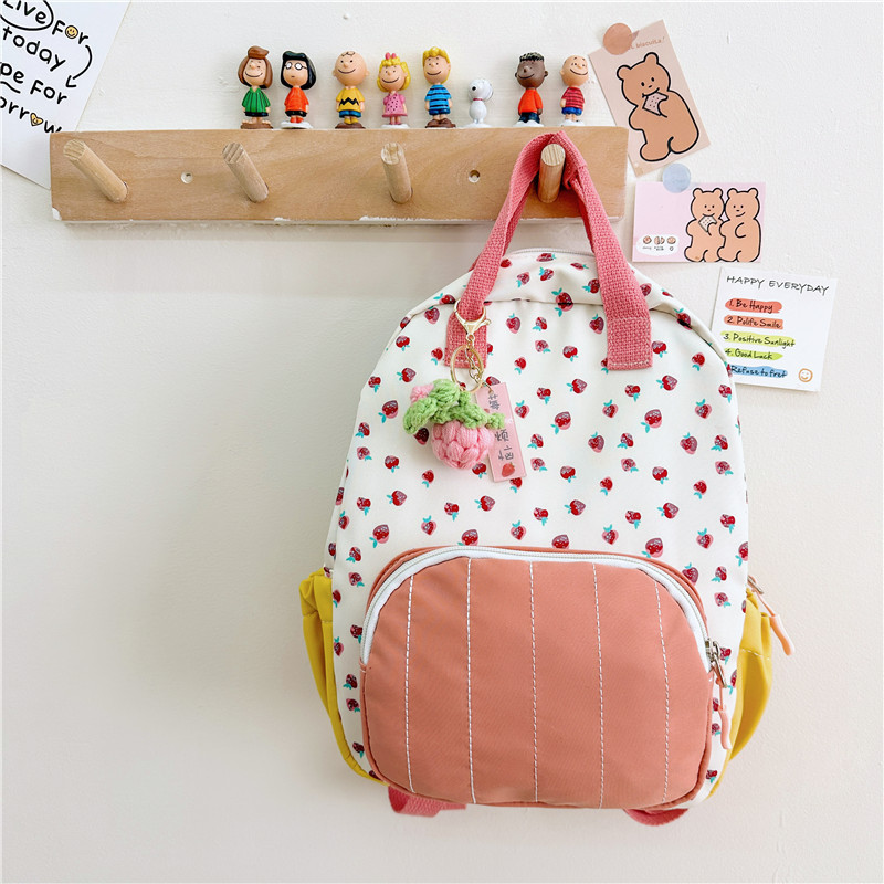 New Canvas Strawberry Children's Bags Girls Kindergarten Backpack Cute Leisure Travel Parent-Child Backpack Foreign Trade Wholesale