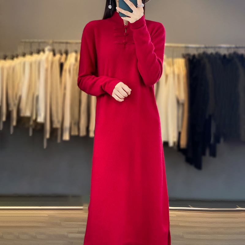 2023 Autumn and Winter New Stand Collar Solid Color Retro Buckle 100% Pure Wool Dress Women's Knitted Casual Straight Skirt