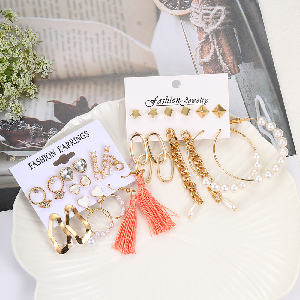 Foreign Trade Europe and America Cross Border Ornament Female Personality Ins Love Pearl Tassel Earrings Nine Pairs Set Earring Set