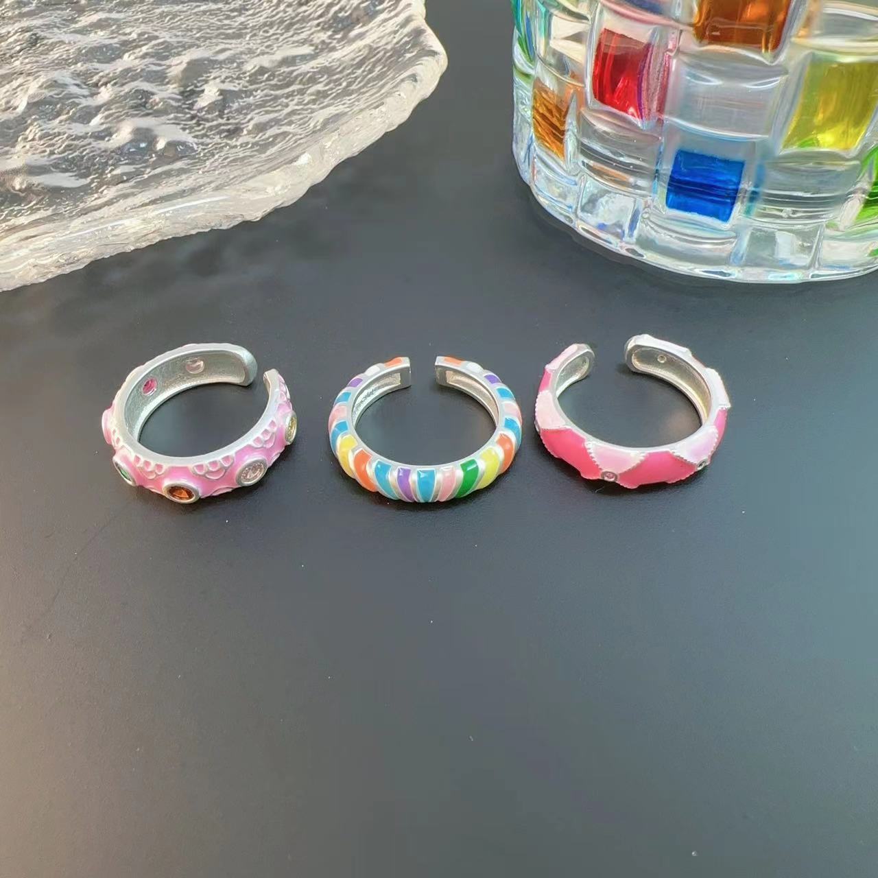 Middle Ancient Enamel Dripping Oil Ring Rhombic Rainbow Pink Inlaid Zirconium Switchable Index Finger Ring Little Finger Ring Dopamine Ring Ornament