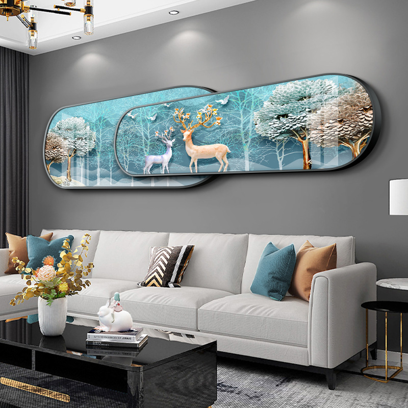 北欧福鹿客厅装饰画创意横幅叠加壁画轻奢高档大气沙发背景墙挂画